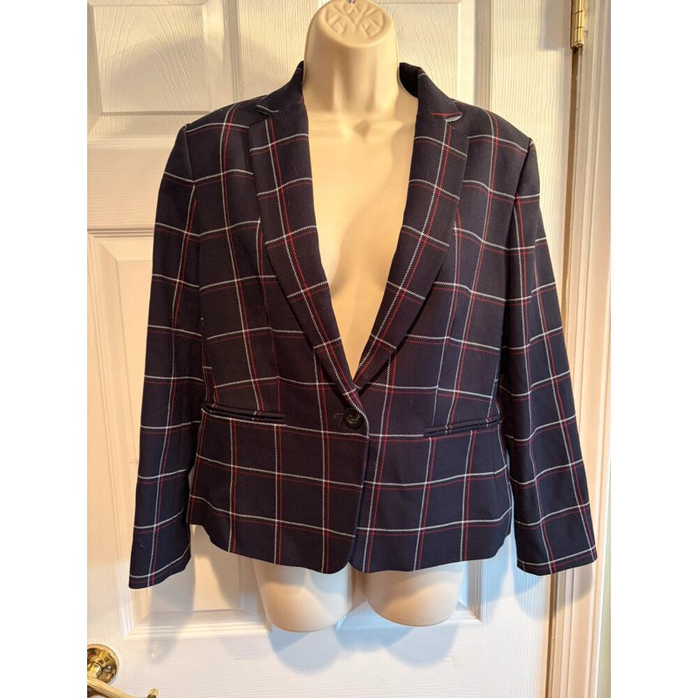 Ann Taylor Plaid‎ Blazer Womens Size 10 Navy Red Windowpane Career Jacket